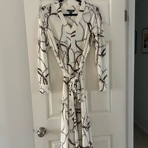 Chic White and Brown Chain Print Dress